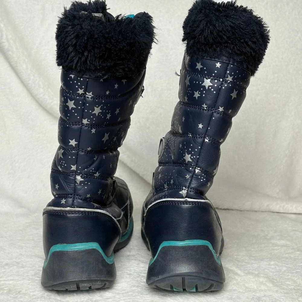 Lands' End‎ Kids Navy Blue Star Print Winter Snow Boots Fur Trim Warm Waterproof